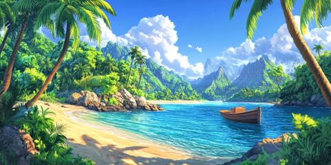 A vibrant cartoon backdrop of a tropical island with lush palm trees, sandy beaches, and crystal-clear waters. A small boat is anchored near the shore, and the sun shines brightly.