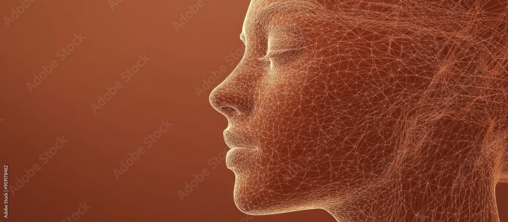 Poster high resolution 3d wireframe representation of a female head on a brown background symbolizing techn