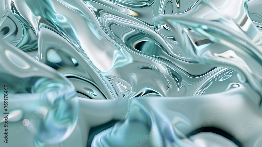 Poster abstract close-up of flowing teal and silver liquid in a mesmerizing wavy pattern, creating a serene