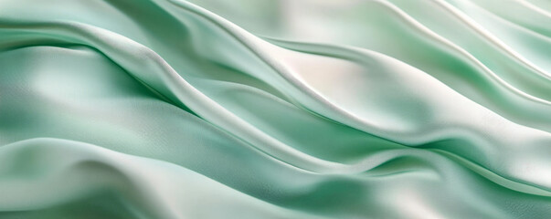 Fototapeta premium A sophisticated abstract background with 3D silk fabric in gradient shades of emerald green to pale mint. The fabricâ€™s smooth waves create a fresh, elegant atmosphere.