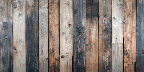 Fototapeta premium Reclaimed wooden backdrop featuring a mix of unevenly cut, weathered planks in various shades of brown and gray. The wood shows signs of age with rough textures, cracks, and faded paint remnants,