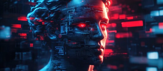 3D portrait of Apollo featuring a glitch effect in a cyberpunk style Conceptual representation of artificial intelligence virtual reality deep learning and facial recognition technology