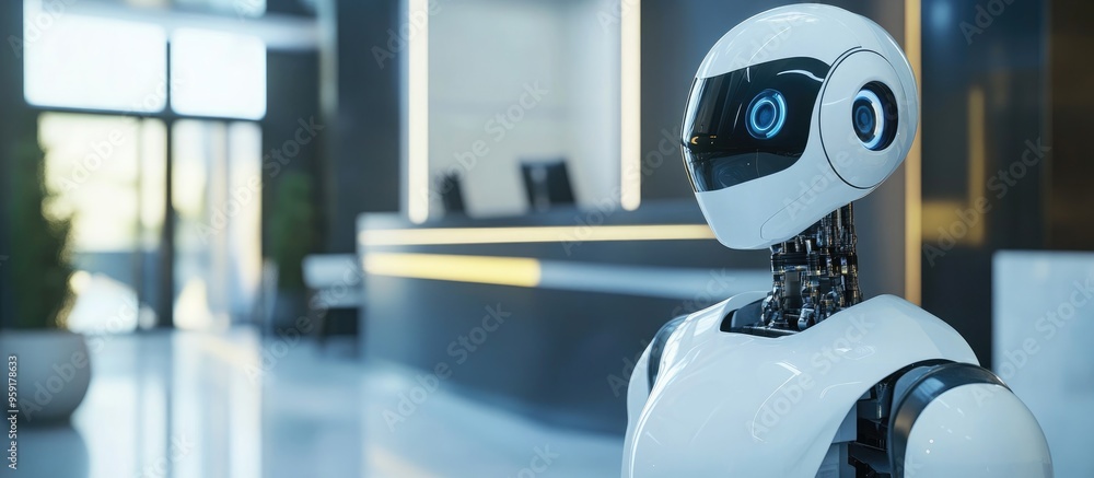 Poster robotic automation in hotel reception services highlighting the transition from human roles to techn