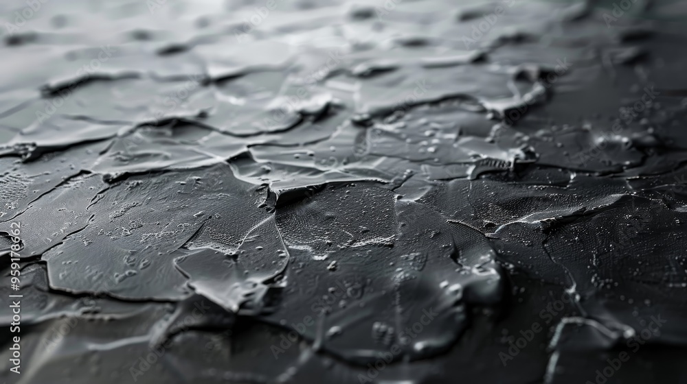 Poster close-up view of intricate water droplets forming on a textured dark surface in a dimly lit environm