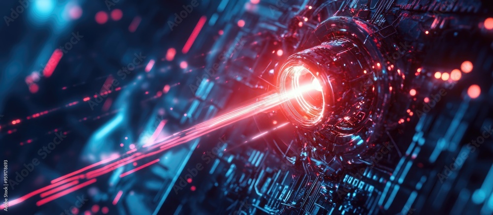 Poster futuristic digital background featuring a laser emanating from a metallic sci fi device in a 3d rend