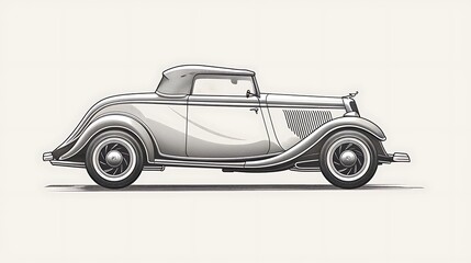 Minimalist line illustration of a classic car on a solid white background 32k, full ultra HD, high resolution