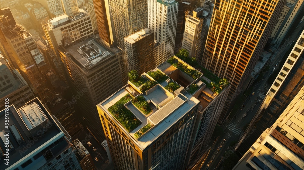 Poster aerial perspective of contemporary architecture and tall structures with a rooftop view
