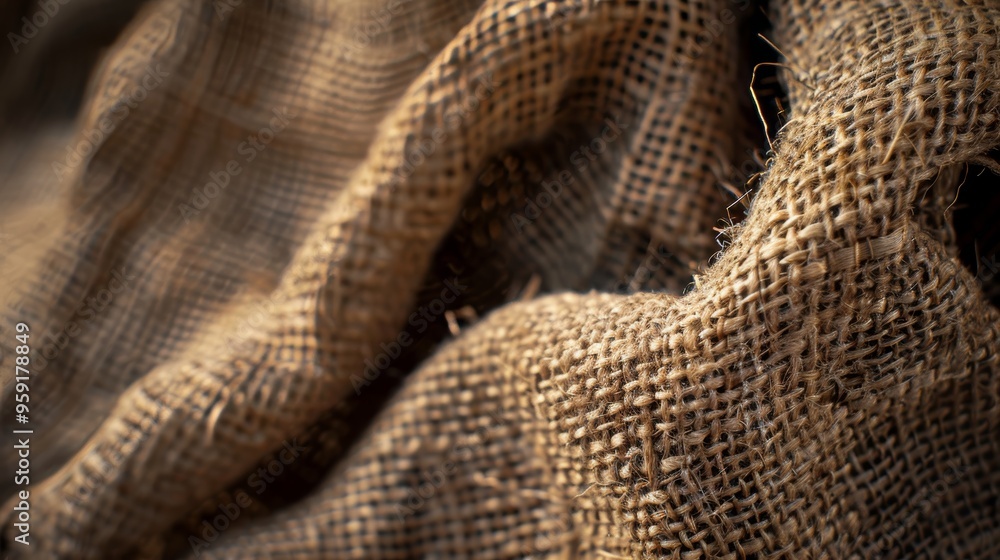 Poster textured burlap fabric draping elegantly in soft light, showcasing intricate weaving patterns and a 