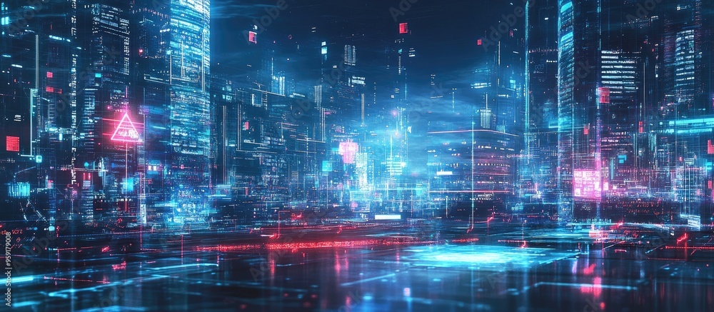 Poster futuristic digital landscape depicting a smart city in cyberspace featuring advanced technology inte