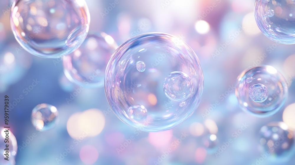 Poster transparent bubble flow on a light backdrop 3d rendering