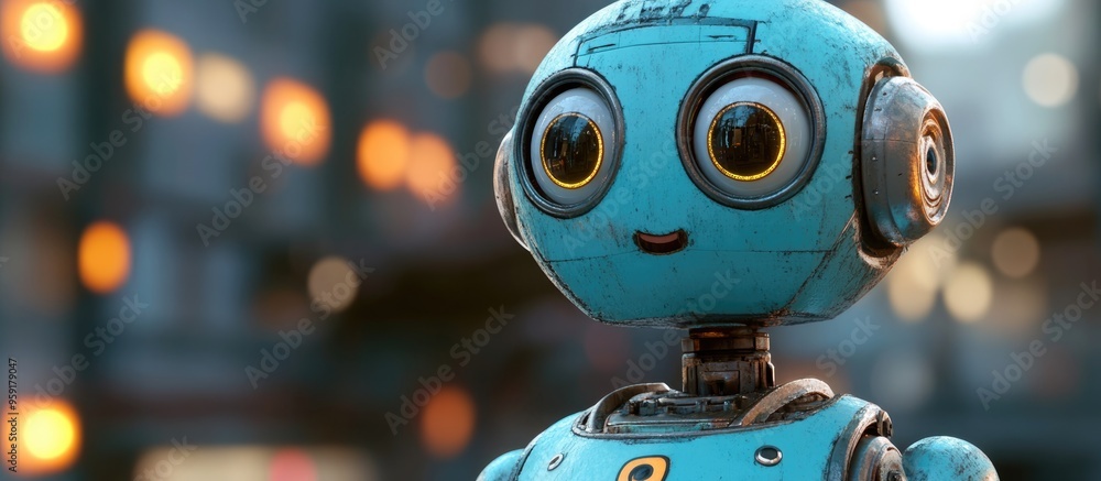Poster close up view of a cartoon robot in a shutdown position 3d illustration