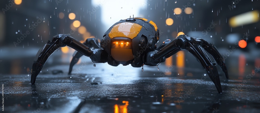 Poster a rear view of a spider bot landing after a jump depicted in 3d illustration