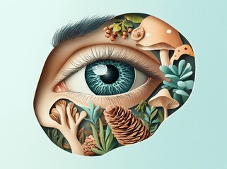 Nature-Inspired Paper-Cut Eye Illustration with Forest Elements and Mushrooms

