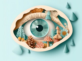 Paper-Cut Style Illustration of a Human Eye with Forest Elements and Mushrooms in Soft Pastel Tones

