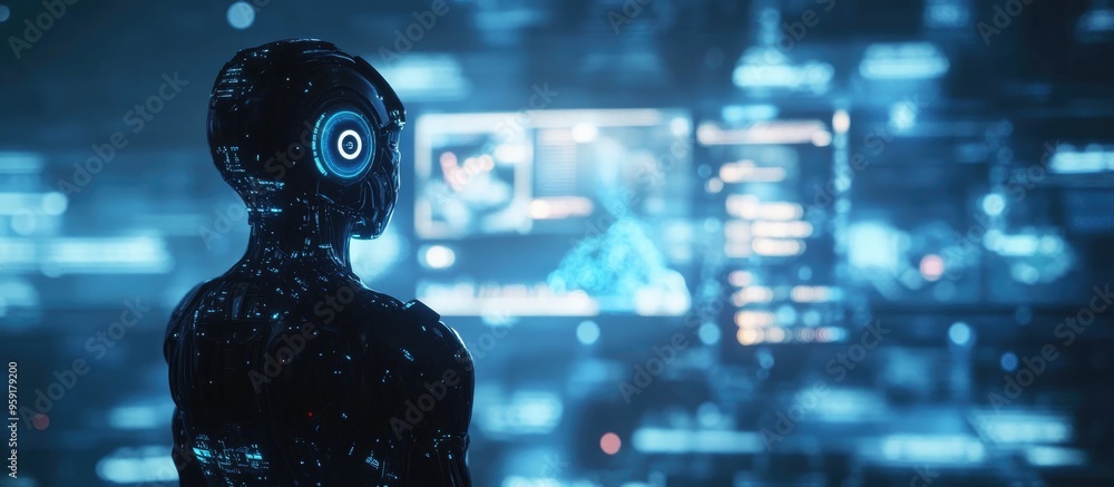 Poster cyborg engaged with a futuristic tech hologram interface advanced ai in industry 4 0 creating detail