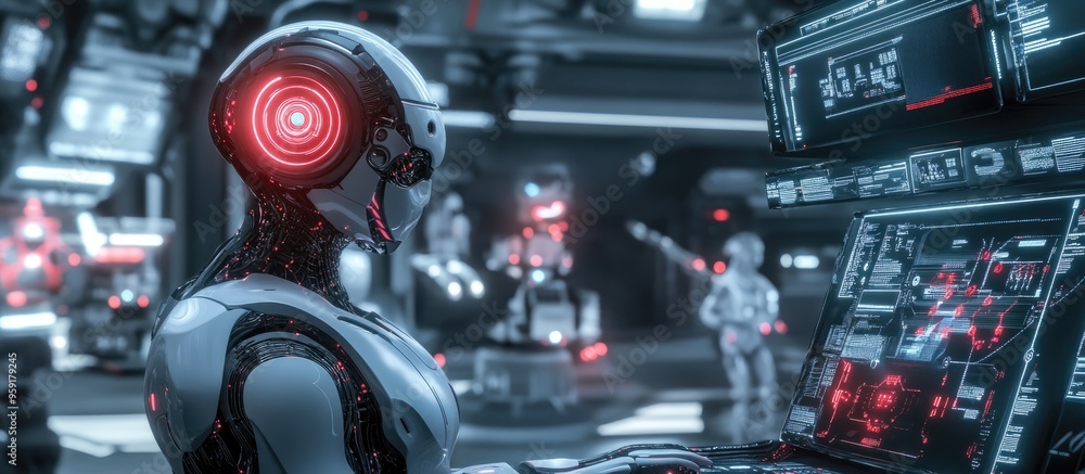 Poster advanced robotics technology featuring futuristic artificial intelligence systems