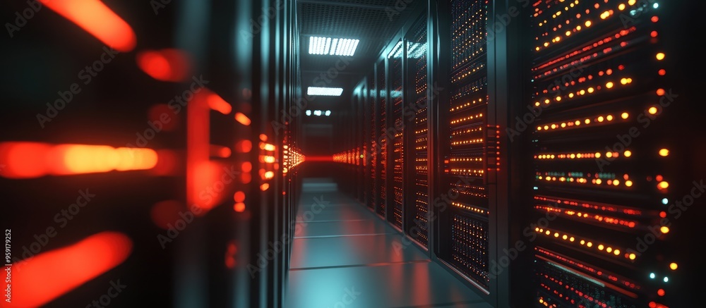 Poster 3d illustration of a server in a data center interconnected with a computer network