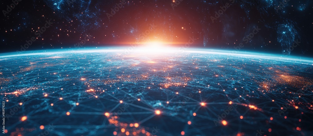 Poster digital grid network spanning the globe with innovative technology concepts abstract 3d rendering of