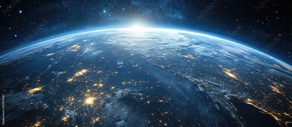 Poster nighttime view of earth from space highlighting city lights that illustrate urban activity 3d render