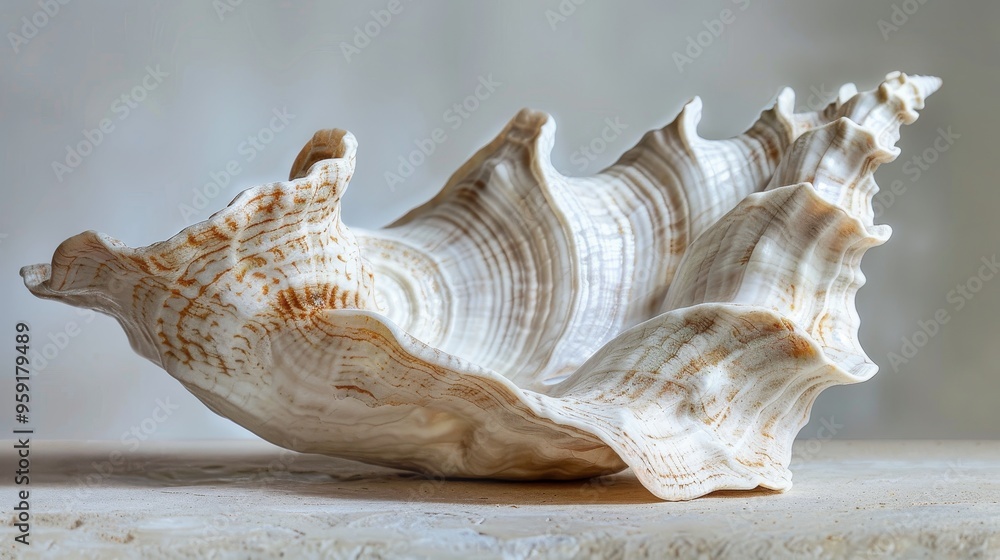 Poster close-up view of a large seashell on a neutral background showcasing intricate patterns and textures