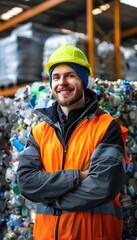 Cheerful young waste management worker in protective vest in a warehouse