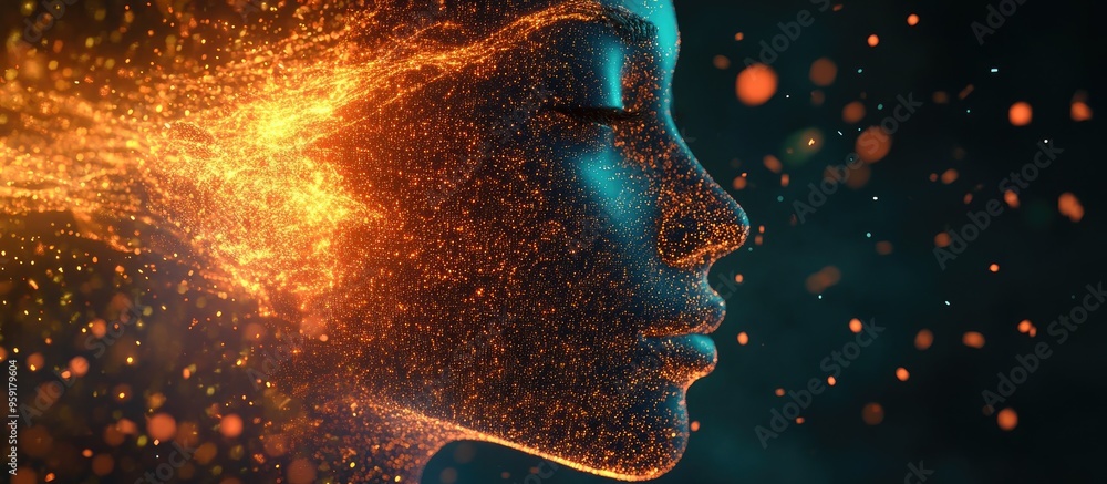 Poster abstract digital representation of a human face illustrating concepts of artificial intelligence big