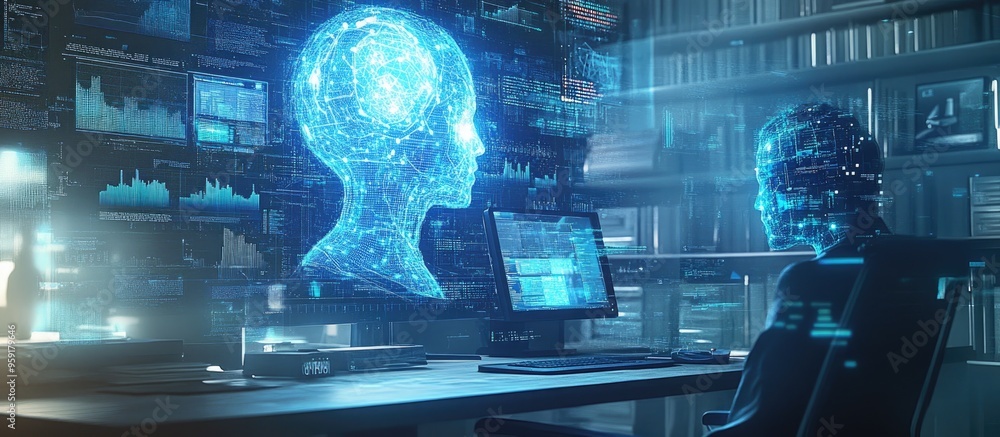Poster double exposure of a data visualization hologram overlaying a study desk with a computer the concept