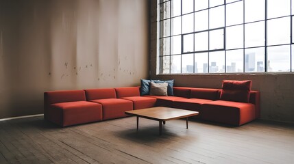 A modern living room with a red modular corner sofa. A plain, brown stucco wall. The room has a loft-style interior design. There is ample copy space around the sofa. 