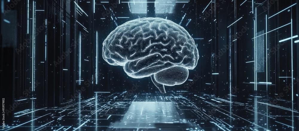 Aufkleber double exposure of brain illustrations combined with an empty room environment concept of data proce