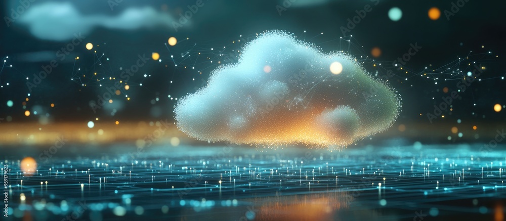 Poster concept of creativity represented by a cloud of ideas displayed on a digital interface