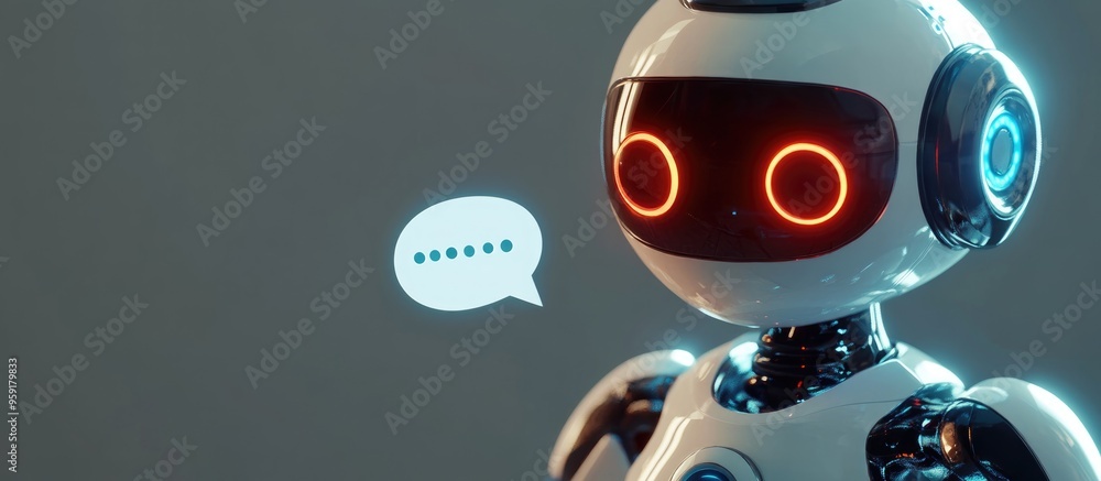 Poster futuristic robotic character featuring a chat bubble representing modern artificial intelligence and