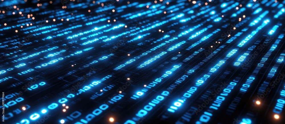 Poster concept of artificial intelligence featuring a glowing blue binary code pattern