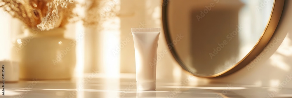 Fototapete a cream tube stands on a countertop, reflecting in a circular mirror while soft sunlight illuminates