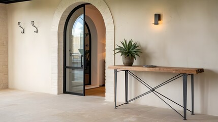 a rustic console table placed near an arched doorway in a Mediterranean interior design of a modern entrance hall. A potted plant.