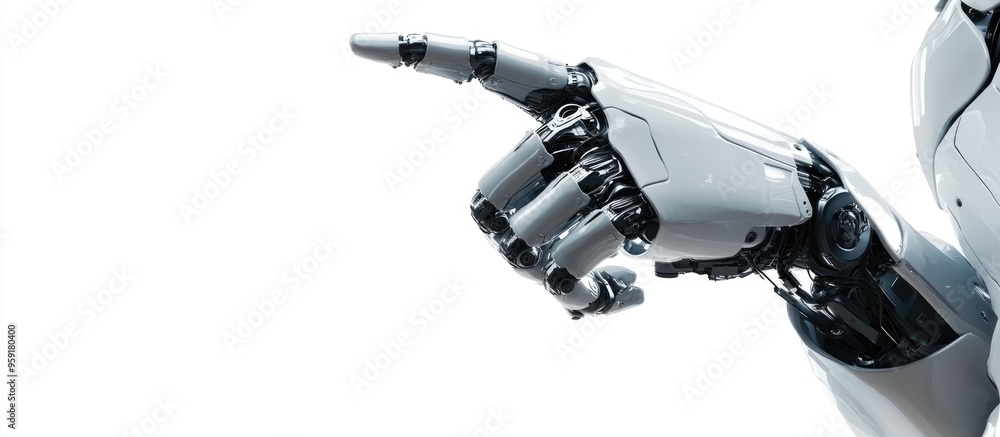 Poster 3d rendering of a robotic hand pointing set against a clean white background