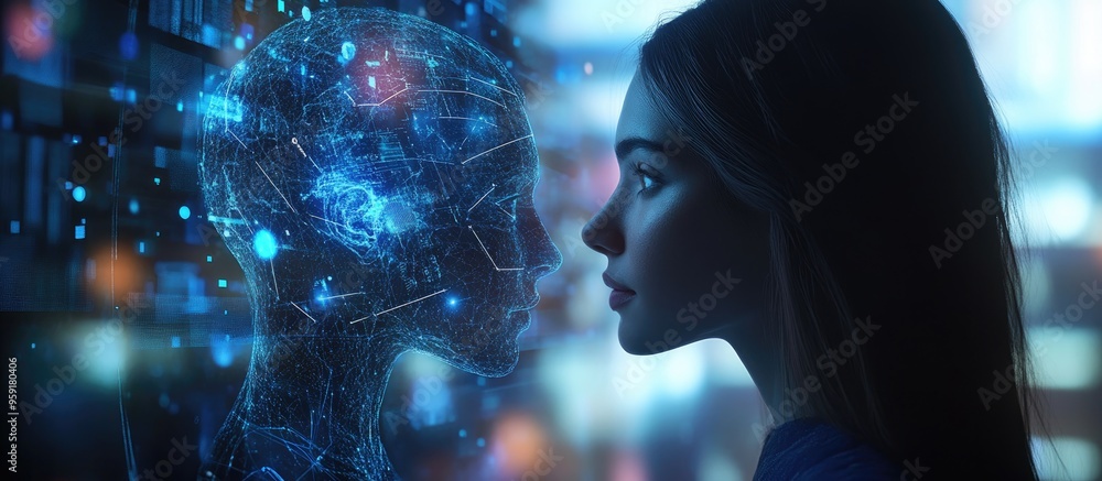 Poster woman interacting with a digital artificial intelligence holographic projection in a blurred backgro