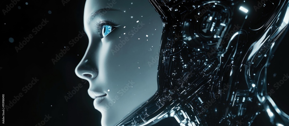 Poster close up portrait of a female robotic face set against a dark digital backdrop representing artifici