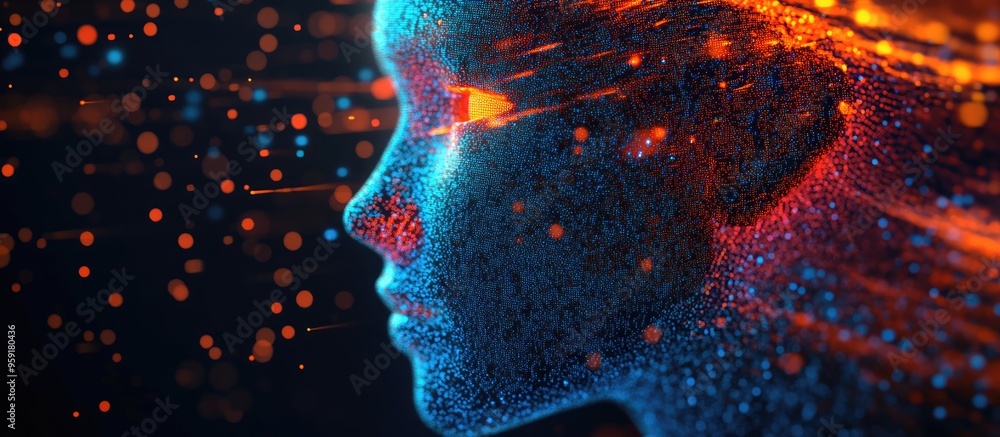 Poster abstract 3d representation of an artificial intelligence face in pixel art style illustrating the co