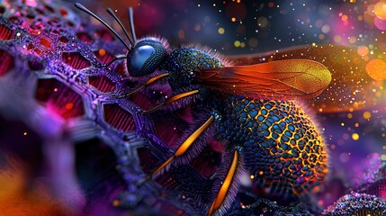   A colorful insect on a purple and yellow background, with a blurry light in the background