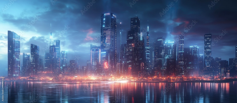 Aufkleber skyline view with river in the foreground showcasing a futuristic theme featuring artificial intelli