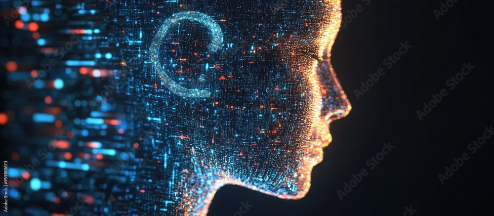 Poster 3d rendering of a digital artificial intelligence text hologram displayed against a black background