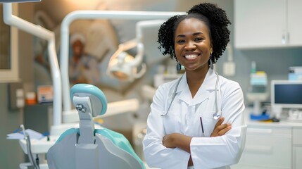 Confident black female dentist with arms crossed in clinic
