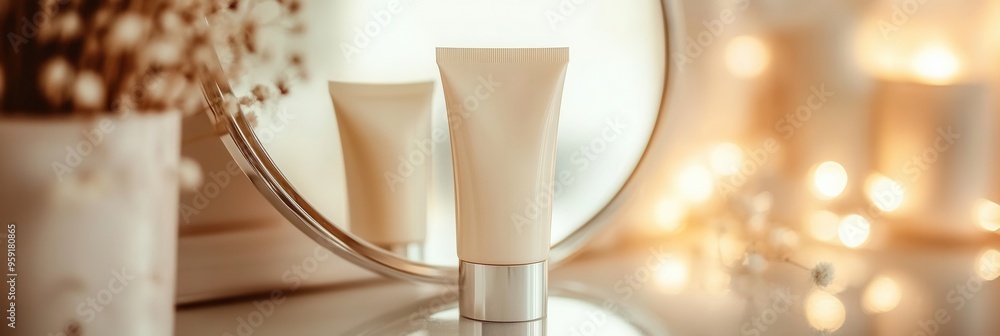 Poster A tube of cream is positioned in front of a mirror, showcasing its reflective surface while ambient light adds a warm touch to the setting. Generative AI