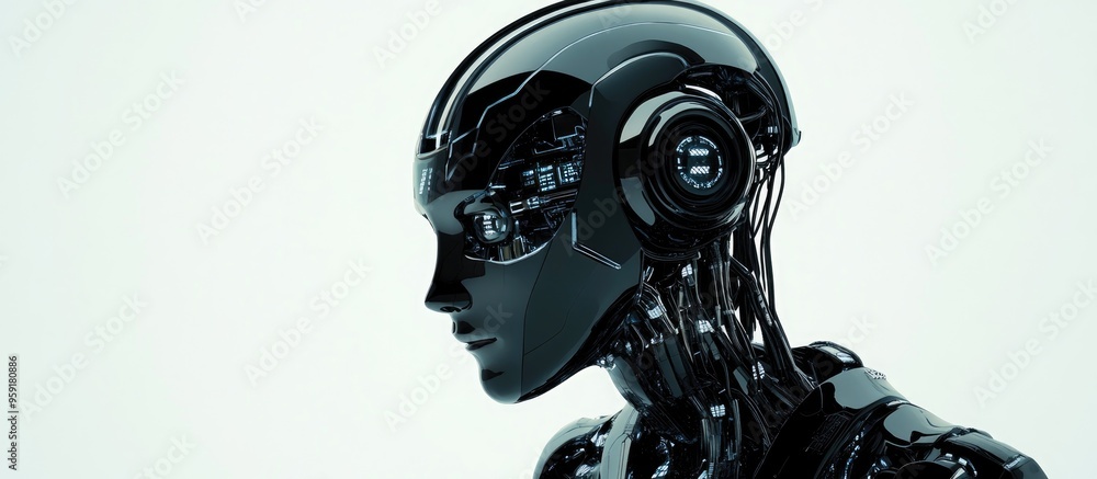 Poster intricate depiction of a black ai robot set against a white background 3d illustration with high qua