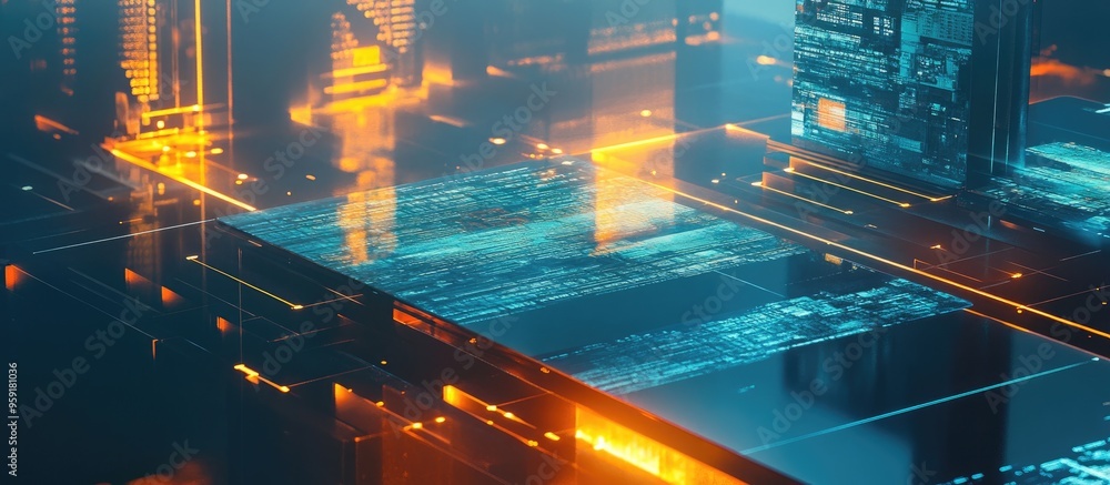 Poster technology themed illustration featuring a table and computer with a double exposure effect represen