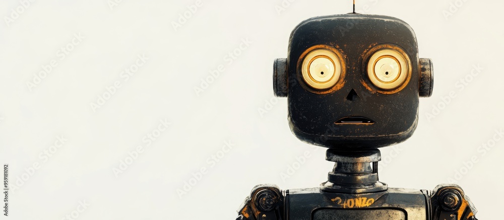 Poster close up view of a vintage robot with a fearful expression against a white background rendered in 3d