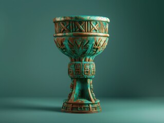 Ancient Aztec Chalice with Intricate Patterns and Weathered Finish in Green and Gold Tones

