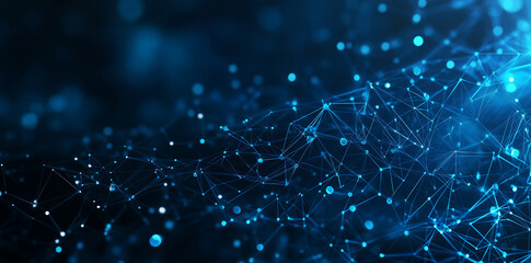 Artificial Intelligence Networks. A set of glowing blue connections fills the dark background, representing digital networks and data transfer in today's technological landscape.