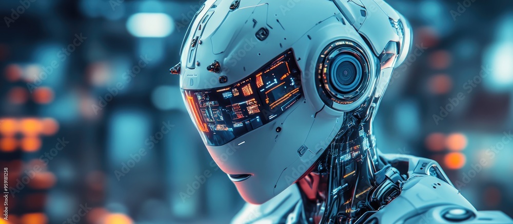 Poster an abstract digital illustration of a robot prototype showcasing innovative design and modeling conc