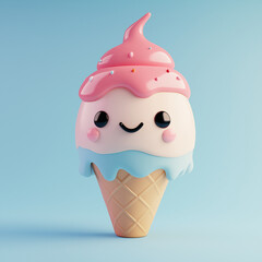 Cute 3D ice cream look like plastic toy illustration in soft pastel colors